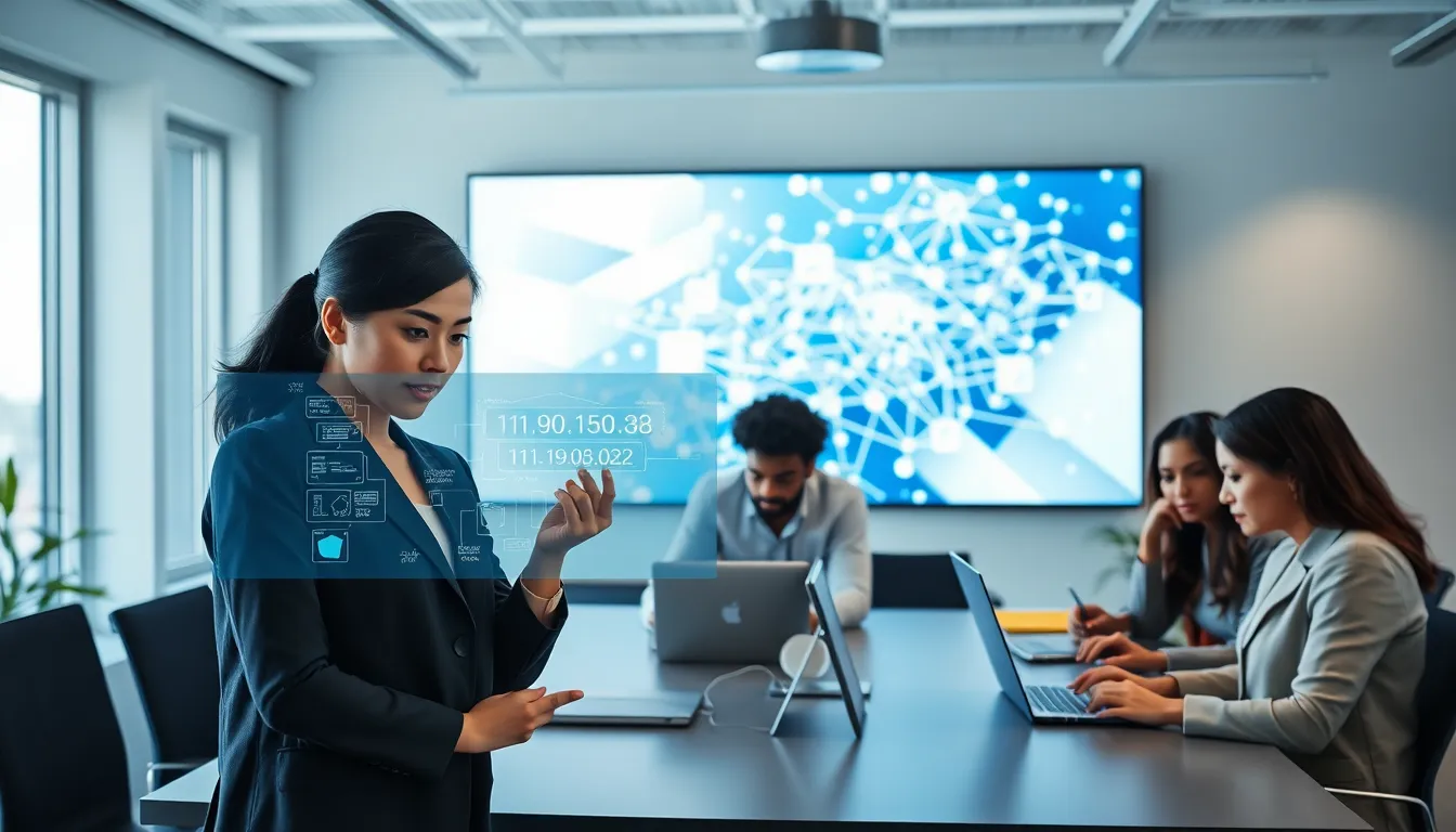 diverse IT team analyzing IP address data in a modern office.